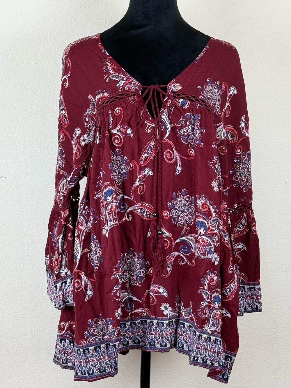 Angie Blouse L Boho Fairy Festival Paisley Burgundy Crochet Lace Tassel Beads